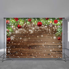 Aperturee - White Snow Red Bauble Pine Wood Christmas Backdrop