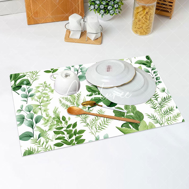 Aperturee - White Spring Plant Leaves Dining Set Of 4 Placemats