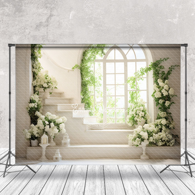 Aperturee - White Stairs Window Flower Spring Photo Backdrop