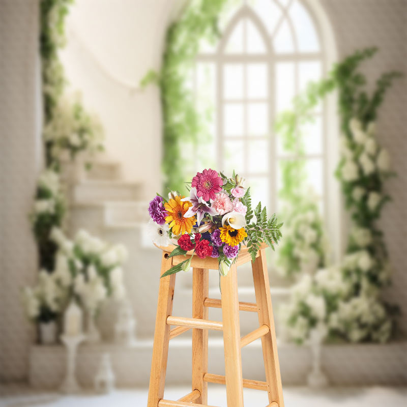 Aperturee - White Stairs Window Flower Spring Photo Backdrop