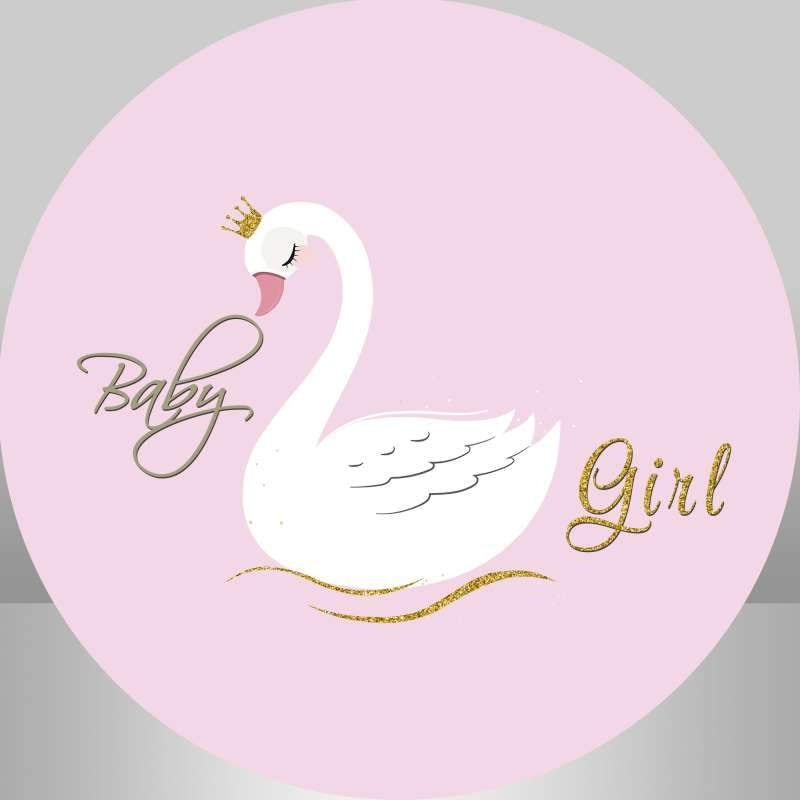 Aperturee - White Swan And Pink Girls Round Baby Shower Backdrop