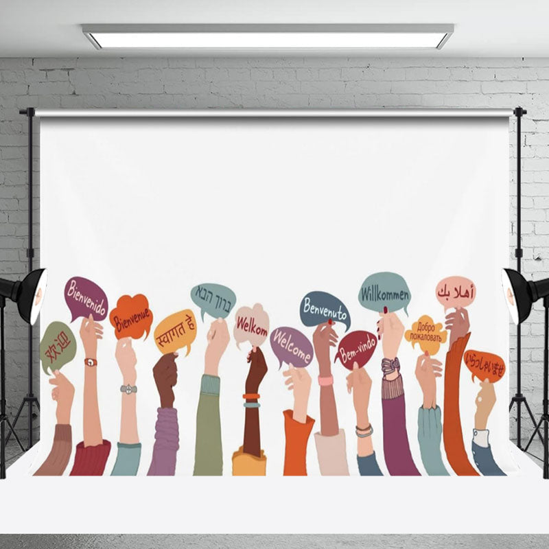 Aperturee - White Various Languages Hands Welcome Party Backdrop