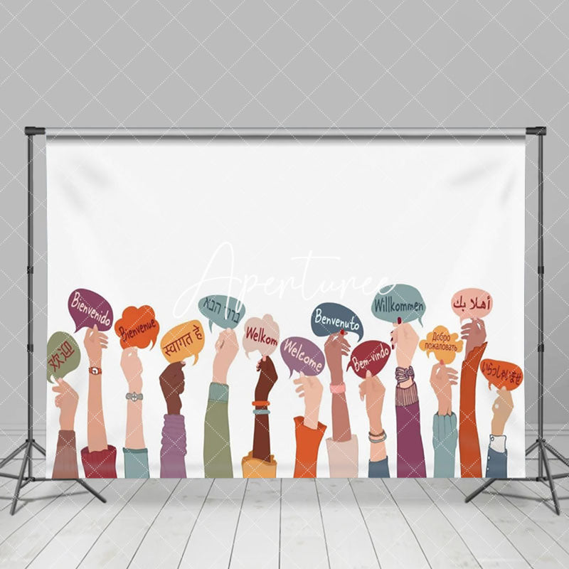 Aperturee - White Various Languages Hands Welcome Party Backdrop