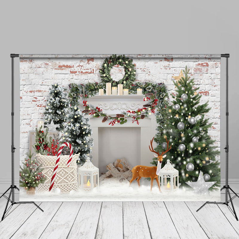 White Wall Brick Deer Pine Tree Christmas Backdrop - Aperturee