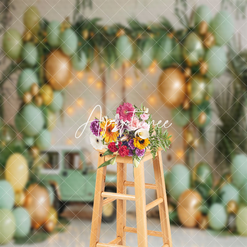 Aperturee - White Wall Car Balloons Plant Cake Smash Backdrop