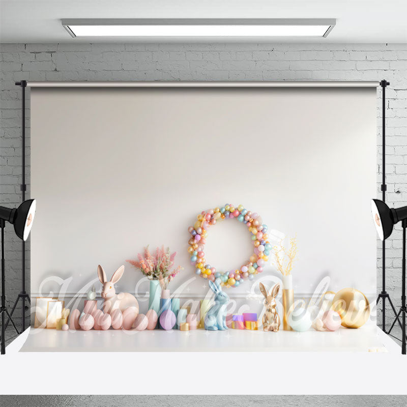 Aperturee - White Wall Colorful Gift Bunny Photo Easter Backdrop