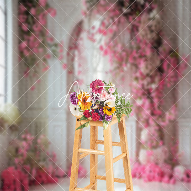 Aperturee - White Wall Curtain Pink Floral Backdrop For Wedding