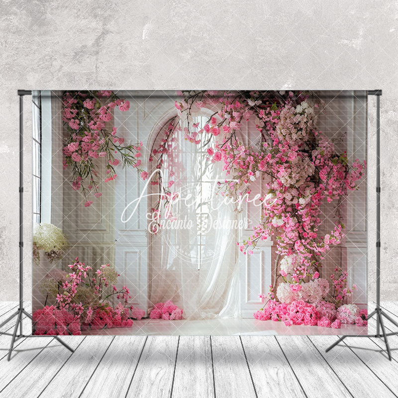 Aperturee - White Wall Curtain Pink Floral Backdrop For Wedding