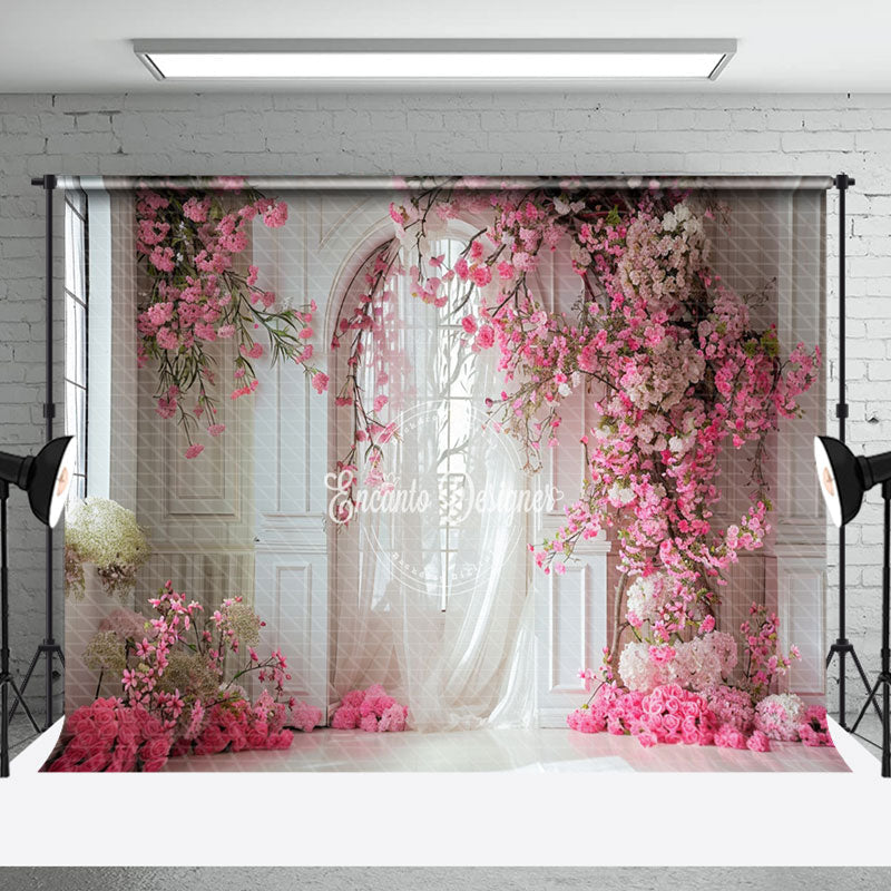 Aperturee - White Wall Curtain Pink Floral Backdrop For Wedding