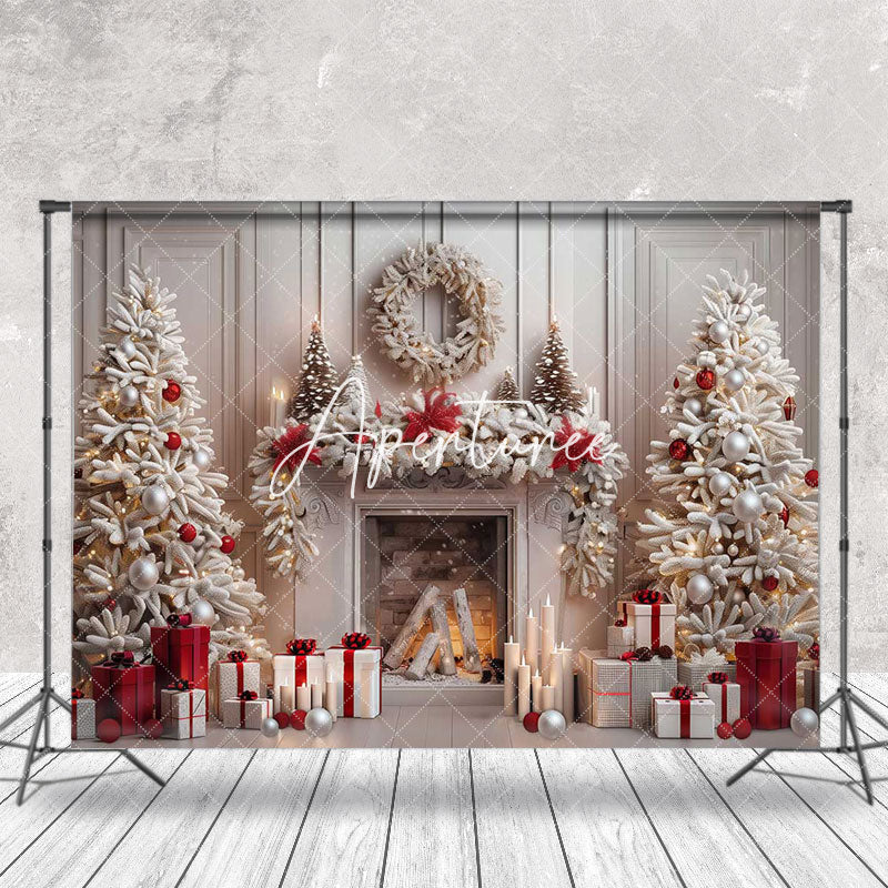 Aperturee - White Wall Gifts Trees Fireplace Christmas Backdrop