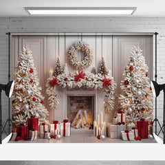 Aperturee - White Wall Gifts Trees Fireplace Christmas Backdrop