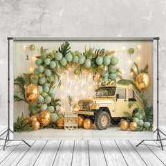 Aperturee - White Wall Green Balloons Car Cake Smash Backdrop