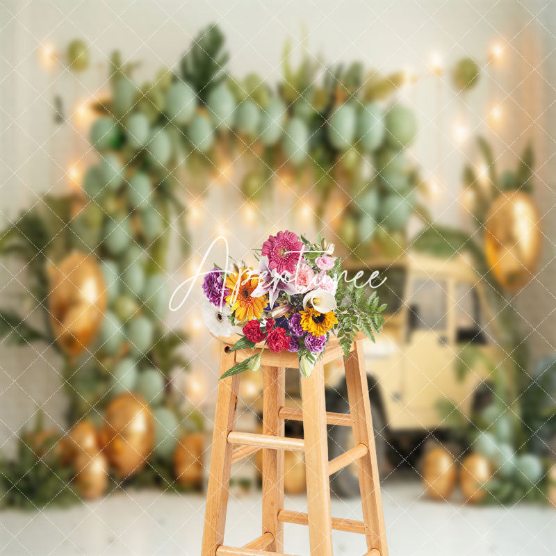 Aperturee - White Wall Green Balloons Car Cake Smash Backdrop