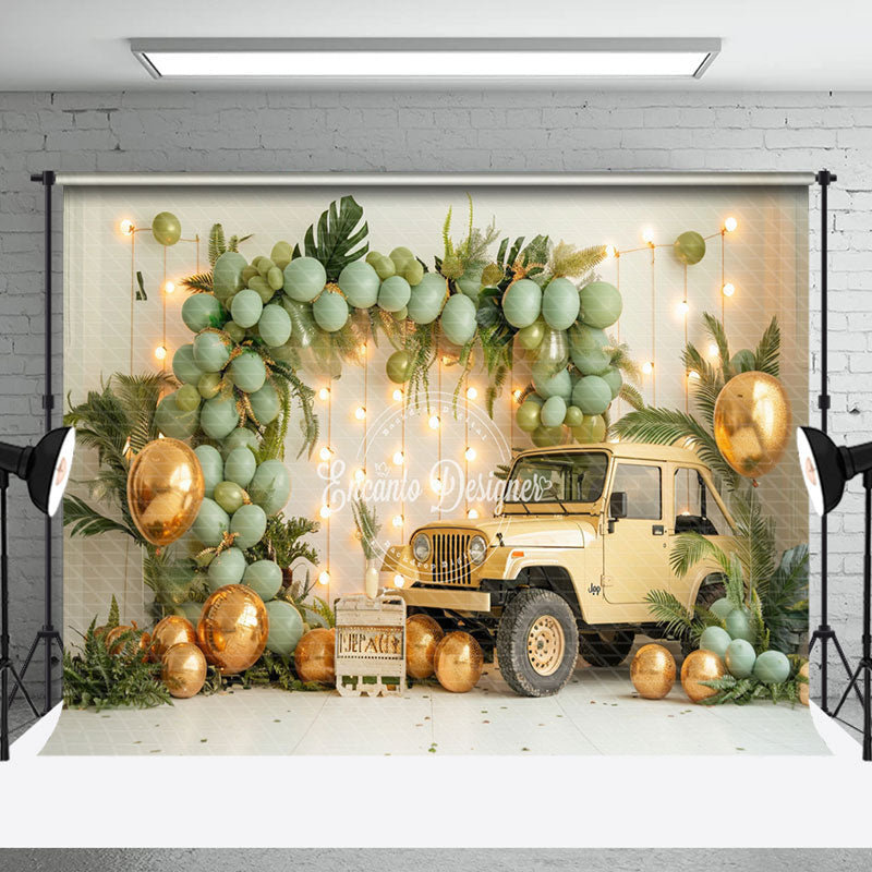 Aperturee - White Wall Green Balloons Car Cake Smash Backdrop