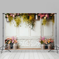 Aperturee - White Wall Iron Flowerpot Floral Spring Backdrop