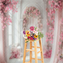 Aperturee - White Wall Pink Curtain Floral Backdrop For Wedding