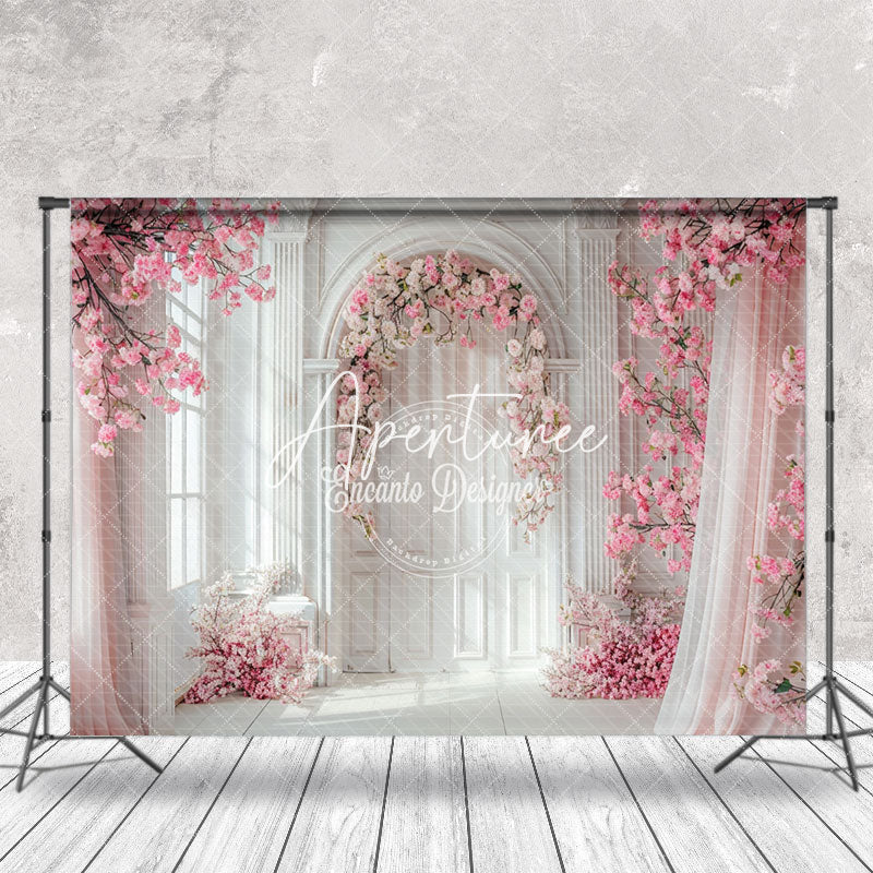 Aperturee - White Wall Pink Curtain Floral Backdrop For Wedding