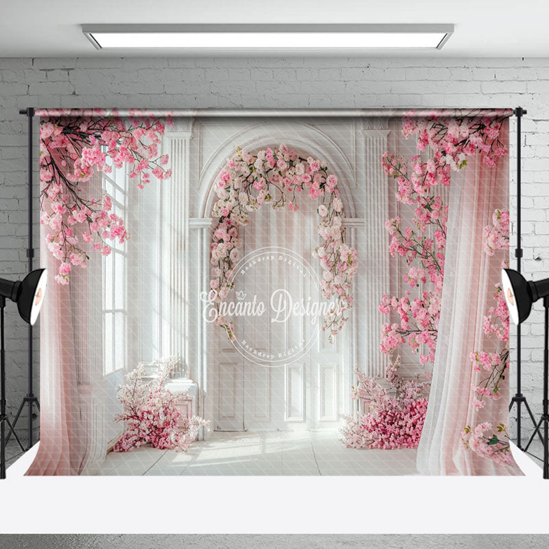 Aperturee - White Wall Pink Curtain Floral Backdrop For Wedding