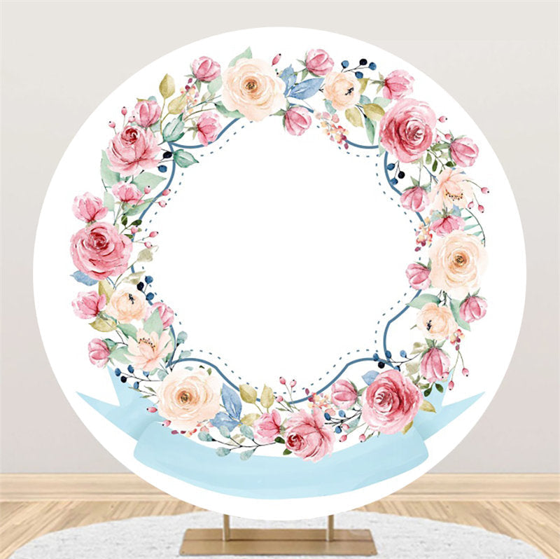 Aperturee - White Wall Pink Floral Round Backdrop For Birthday