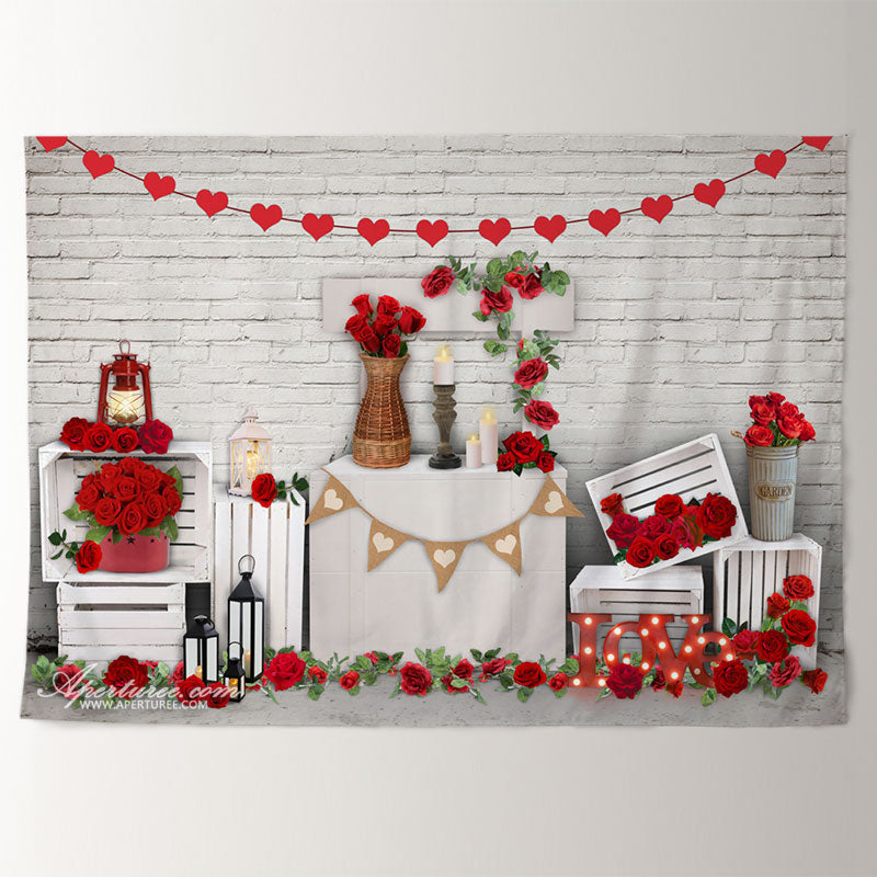 Aperturee - White Wall Red Rose Love Light Valentine Backdrop