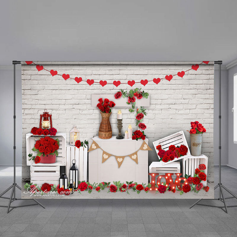 Aperturee - White Wall Red Rose Love Light Valentine Backdrop