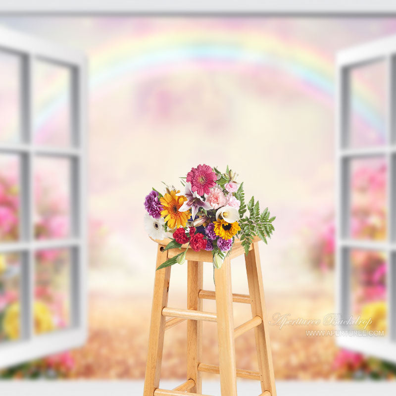 Aperturee - White Window Floral Rainbow Spring Photo Backdrop