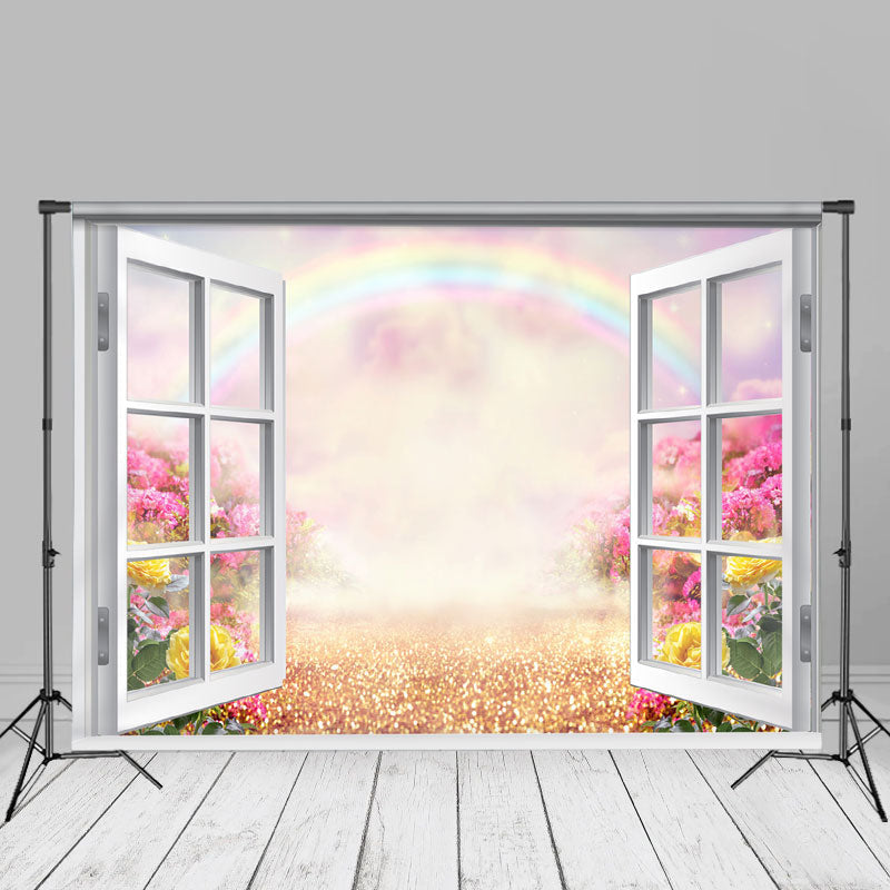 Aperturee - White Window Floral Rainbow Spring Photo Backdrop