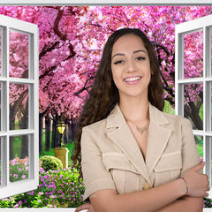 Aperturee - White Window Pink Trees Path Spring Picture Backdrop