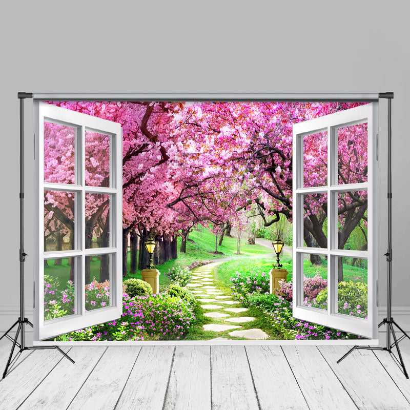 Aperturee - White Window Pink Trees Path Spring Picture Backdrop