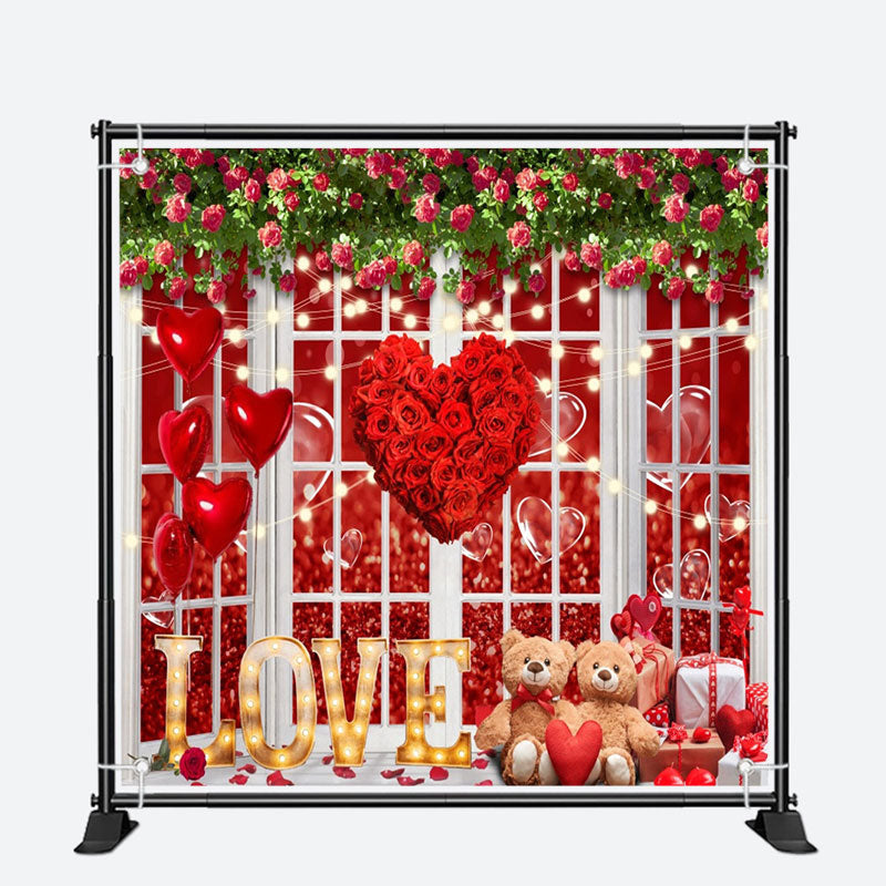 Aperturee - White Window Rose Heart Bear Valentines Day Backdrop