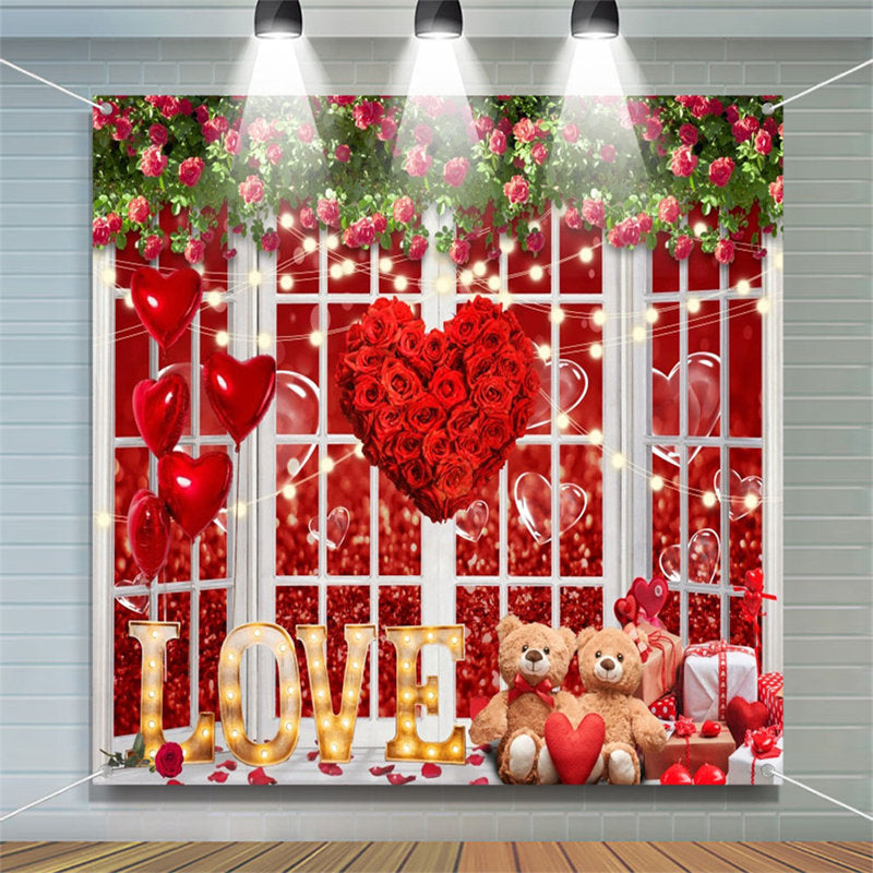 Aperturee - White Window Rose Heart Bear Valentines Day Backdrop