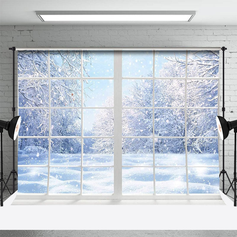 Aperturee - White Window Snowy World Forest Winter Backdrop