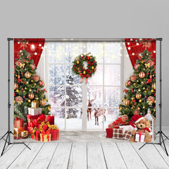 Aperturee - White Window Winter Deer Christmas Trees Backdrop