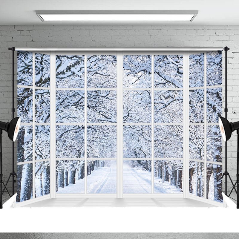 Aperturee - White Window Winter Snowy Forest Trees Backdrop