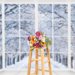 Aperturee - White Window Winter Snowy Forest Trees Backdrop