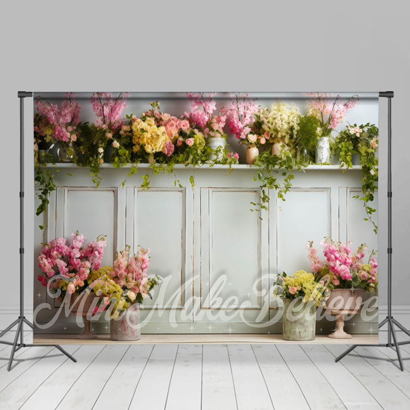 Aperturee - White Wood Cabinet Colorful Floral Spring Backdrop