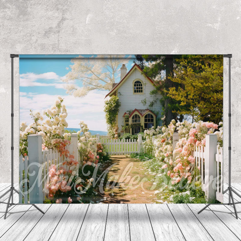 Aperturee - White Wood Fence Flower House Photo Spring Backdrop