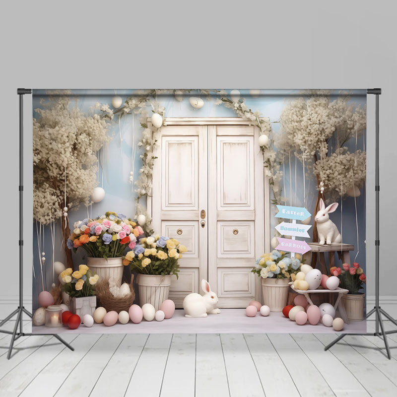 Aperturee - White Wooden Door Floral Bunnies Easter Backdrop