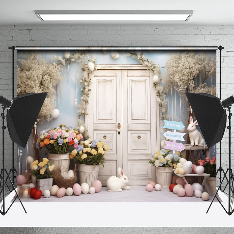 Aperturee - White Wooden Door Floral Bunnies Easter Backdrop