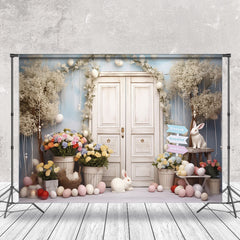 Aperturee - White Wooden Door Floral Bunnies Easter Backdrop