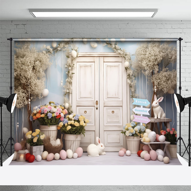 Aperturee - White Wooden Door Floral Bunnies Easter Backdrop