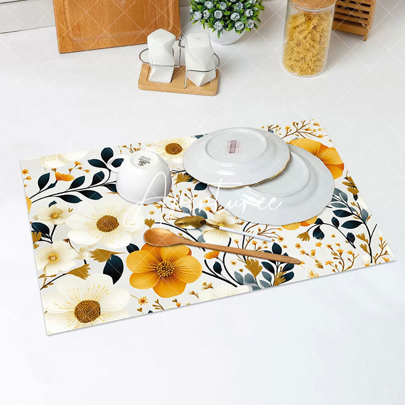 Aperturee - White Yellow Floral Leaf Dining Set Of 4 Placemats