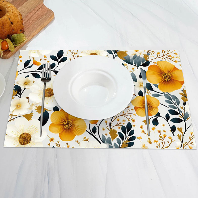 Aperturee - White Yellow Floral Leaf Dining Set Of 4 Placemats