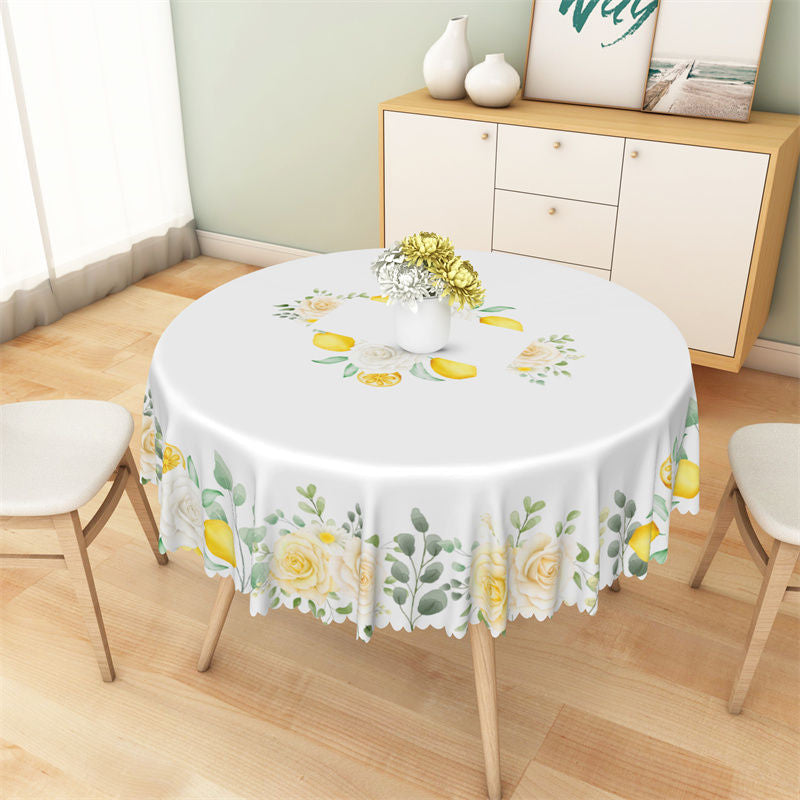 Aperturee - White Yellow Floral Lemon Spring Round Tablecloth