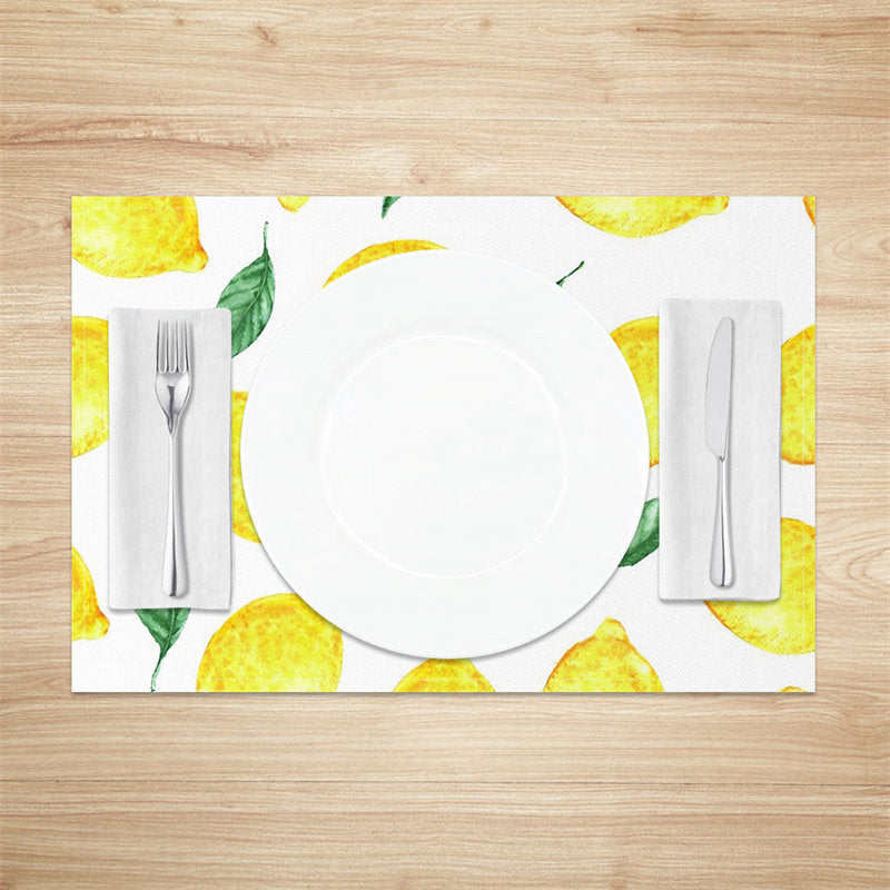 Aperturee - White Yellow Leaves Lemons Fruit Set Of 4 Placemats