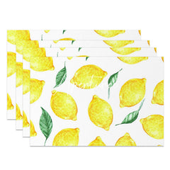 Aperturee - White Yellow Leaves Lemons Fruit Set Of 4 Placemats