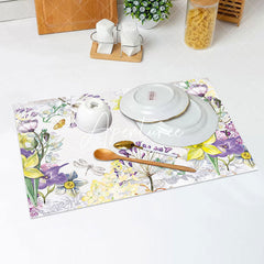 Aperturee - White Yellow Purple Floral Spring Set Of 4 Placemats