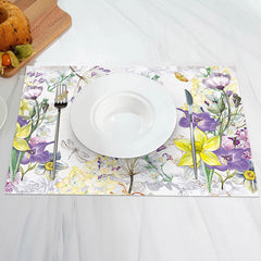 Aperturee - White Yellow Purple Floral Spring Set Of 4 Placemats