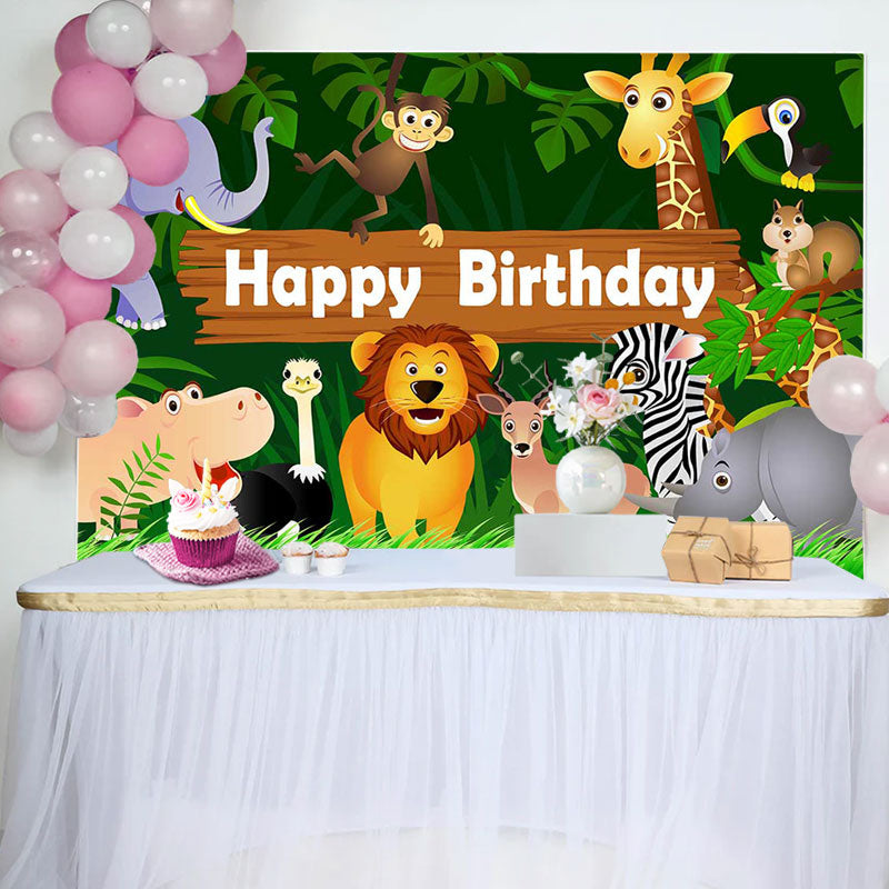 Aperturee - Wild Animals Green Leaves Birthday Backdrop For Boy