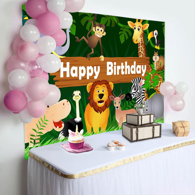 Aperturee - Wild Animals Green Leaves Birthday Backdrop For Boy